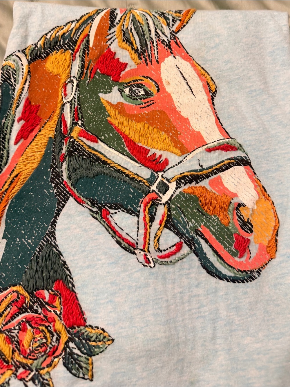 EUC Double D Ranch Light Blue Horse Top with Orange Trim 1X